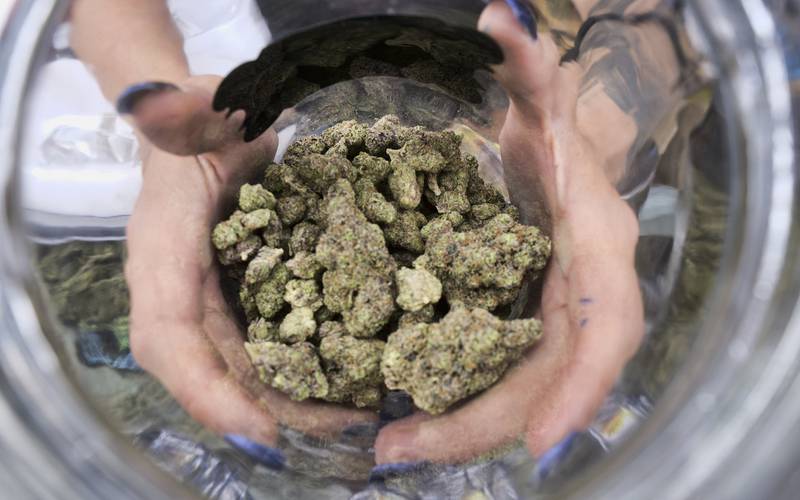 In this April 21, 2018, file photo a budtender displays a jar of cannabis at the High Times 420 SoCal Cannabis Cup in San Bernardino, Calif.