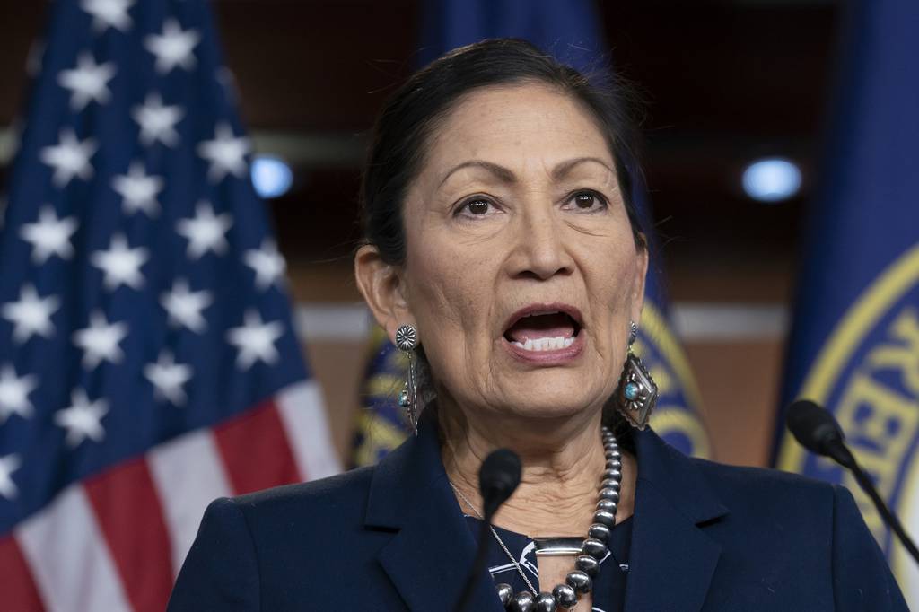 In this March 5, 2020, file photo, Rep. Deb Haaland, D-N.M., Native American Caucus co-chair, speaks to reporters about the 2020 Census on Capitol Hill in Washington.