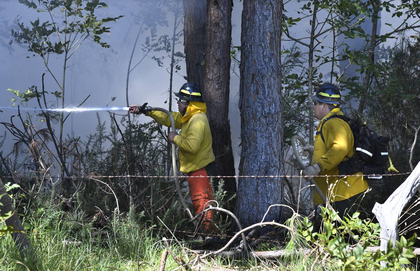 Members of a Hawaii Department of Land and Natural Resources wildland firefighting crew on Maui battle a fire in Kula, Hawaii, on Tuesday, Aug. 8, 2023.