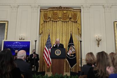 President Joe Biden gives remarks during a Cancer Moonshot initiative event in the East Room of the White House on February 2, 2022, in Washington, D.C.