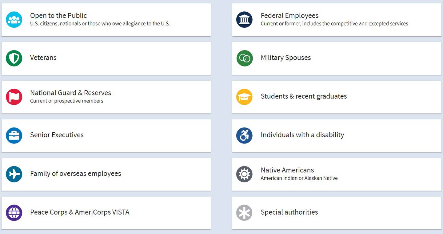 Federal hiring path icons are listed on a blue background.