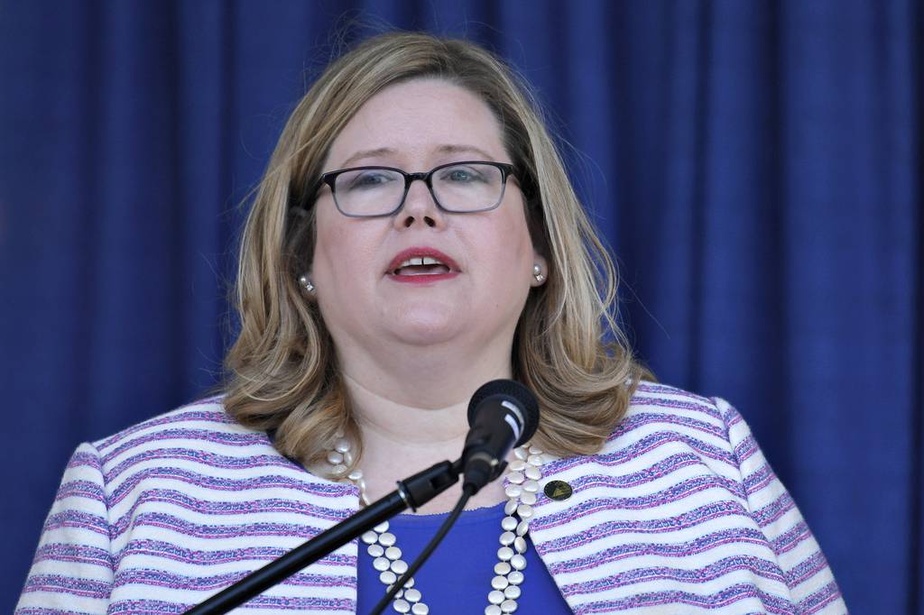 General Services Administration Administrator Emily Murphy speaks during a ribbon cutting ceremony in Washington on June 21, 2019.