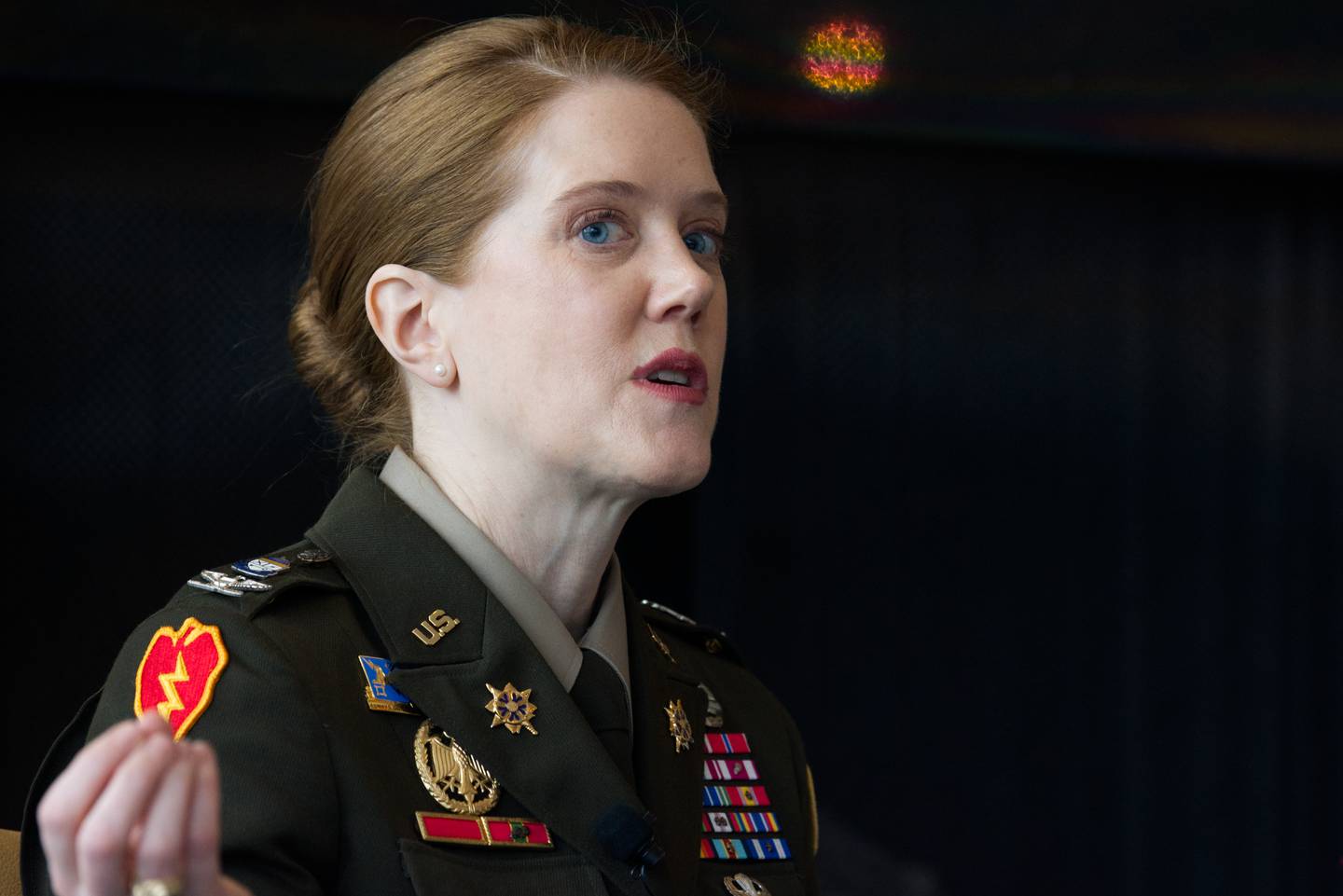 Col. Candice Frost, commander of the Joint Intelligence Operations Center at U.S. Cyber Command, gestures as she speaks Feb. 28, 2023, at an event hosted by Billington Cybersecurity.