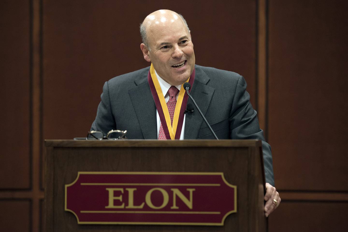In this March 1, 2017, file photo, Elon Trustee Louis DeJoy is honored with Elon's Medal for Entrepreneurial Leadership in Elon, N.C.
