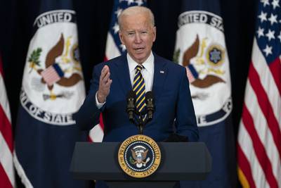 President Joe Biden delivers remarks to State Department staff onFeb. 4, 2021, in Washington.