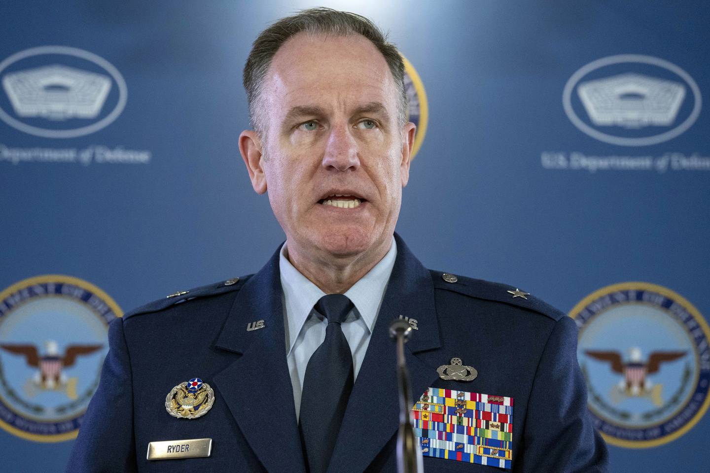 Pentagon spokesman U.S. Air Force Brig. Gen. Patrick Ryder speaks during a media briefing at the Pentagon, Thursday, April 13, 2023, in Washington.