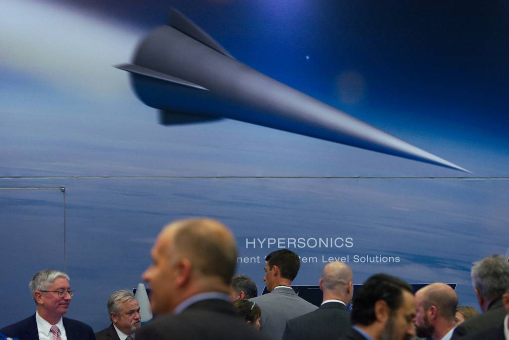 A hypersonics illustration is seen on the show floor Oct. 11 at the Association of the U.S. Army annual convention in Washington, D.C.