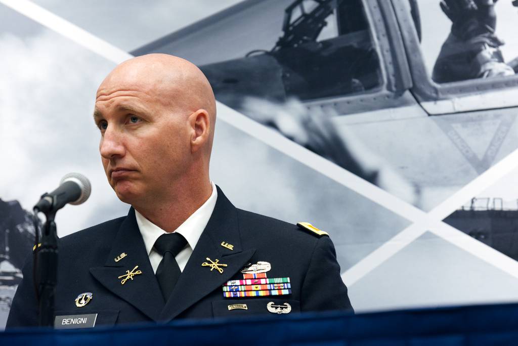 Col. Matt Benigni, the chief data officer at Army Futures Command, listens to a question during an Oct. 11, 2022, Defense News event at the Association of the U.S. Army annual conference.
