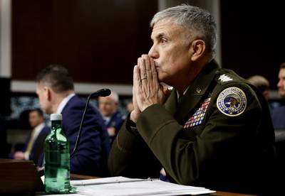 Gen. Paul Nakasone, commander of U.S. Cyber Command and director of the National Security Agency, testifies before the Senate Armed Services Committee on March 07, 2023.