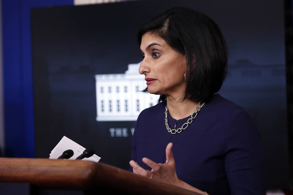 In this April 7, 2020, file photo, Seema Verma, administrator of the Centers for Medicare and Medicaid Services, speaks about the coronavirus in the James Brady Press Briefing Room of the White House in Washington.