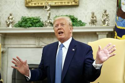 President Donald Trump speaks during a meeting with Pakistani Prime Minister Imran Khan in the Oval Office of the White House, Monday, July 22, 2019, in Washington.