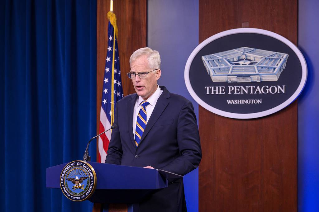 Acting Defense Secretary Christopher Miller briefs reporters from the Pentagon on Nov.  17, 2020. (Air Force Staff Sgt. Jack Sanders/DoD)