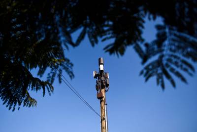 5G cellular equipment is seen on a utility pole in Inglewood, California, on Jan. 19, 2022.