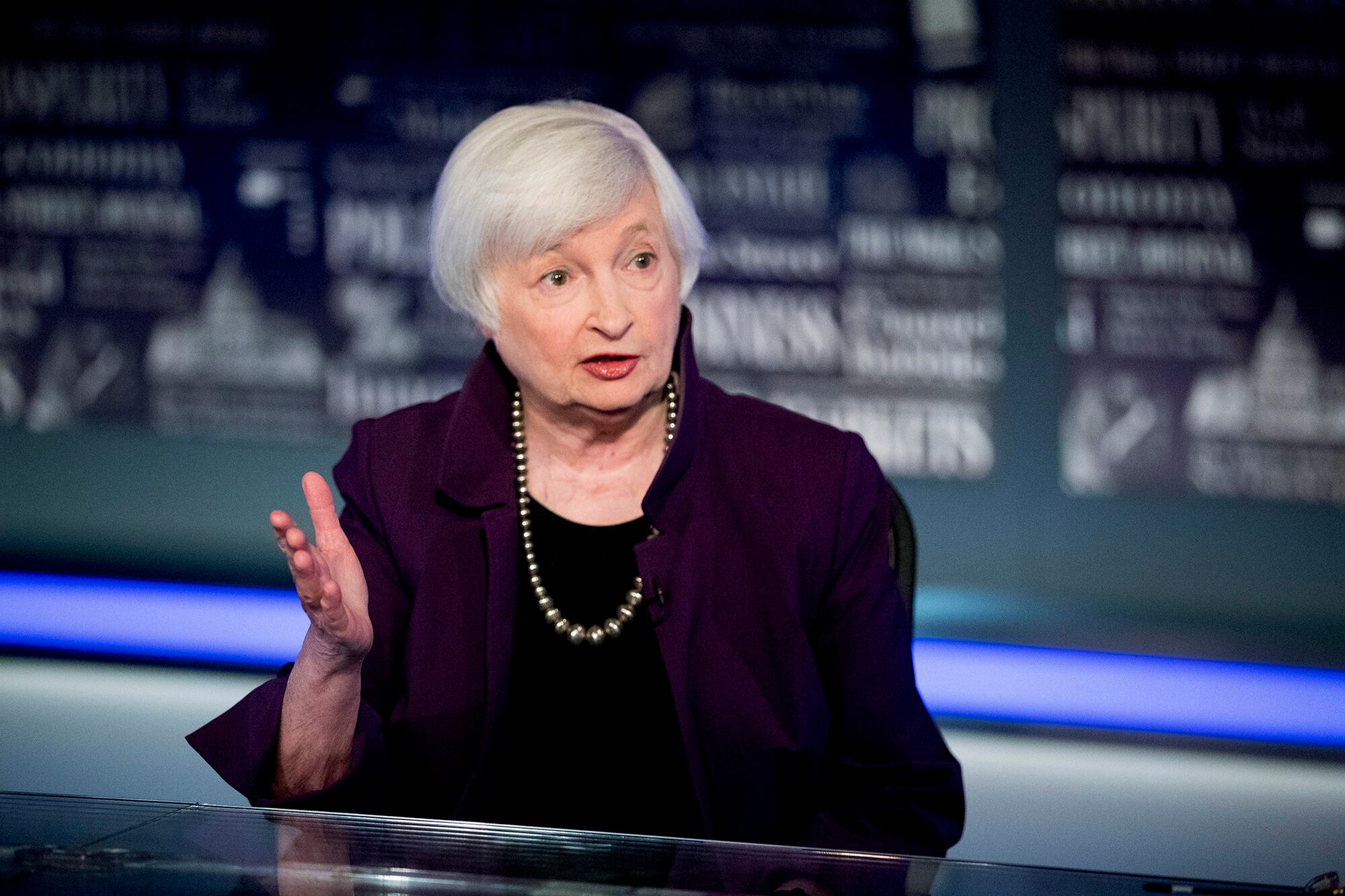 In this Aug. 14, 2019, file photo former Fed Chair Janet Yellen speaks with FOX Business Network guest anchor Jon Hilsenrath in the Fox Washington bureau in Washington.