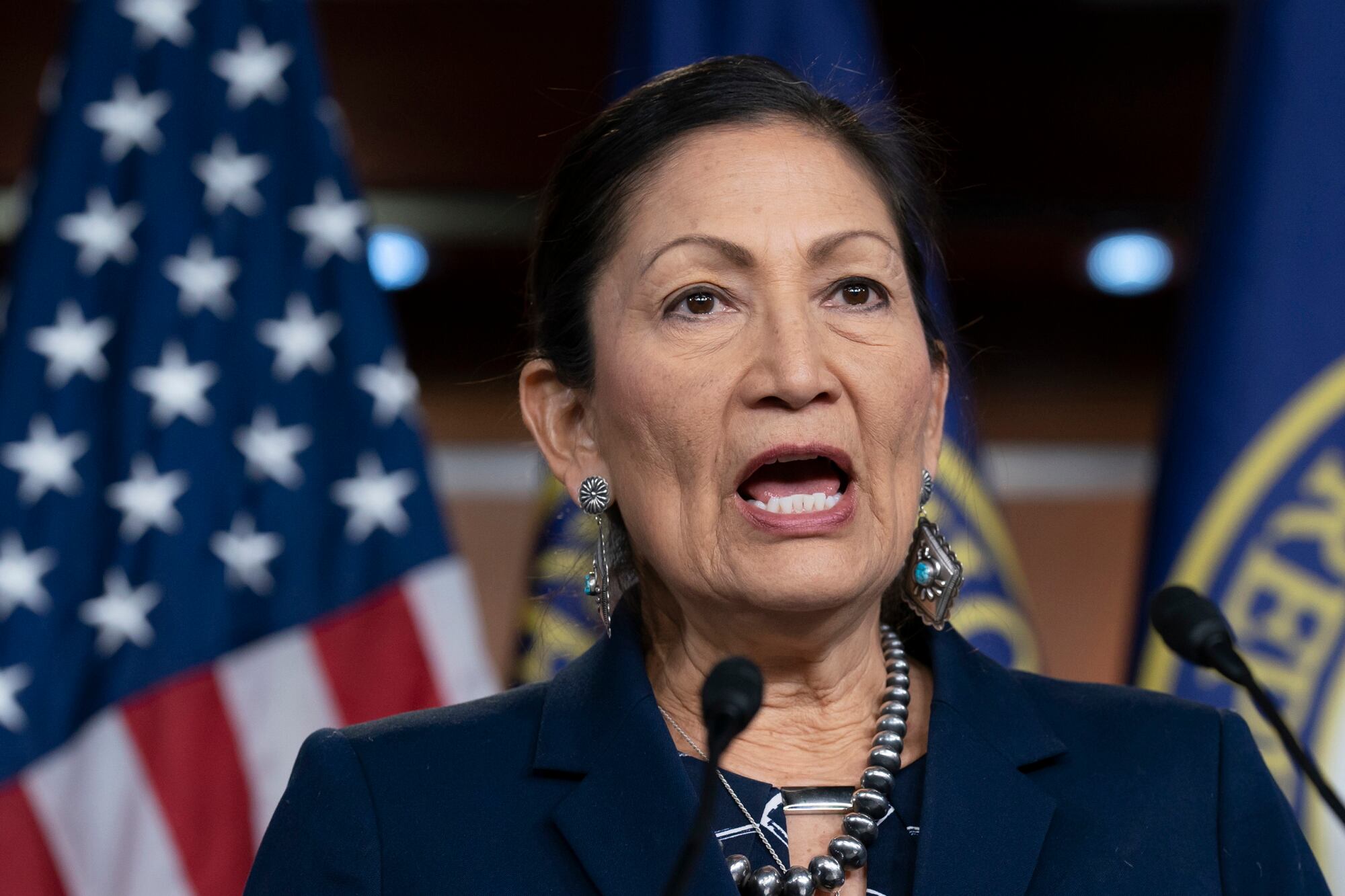 In this March 5, 2020, file photo, Rep. Deb Haaland, D-N.M., Native American Caucus co-chair, speaks to reporters about the 2020 Census on Capitol Hill in Washington.